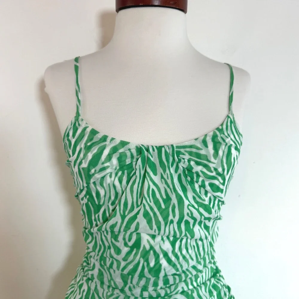 Diane von Furstenberg Target Mesh Ruched Mini Dress‎ Green Zebra Print Y2K XS
